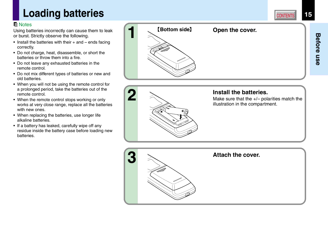 Toshiba TLP561 Loading batteries, Open the cover, Install the batteries, Attach the cover, Illustration in the compartment 