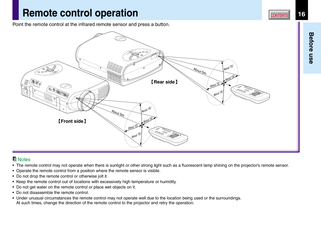 Toshiba TLP260, TLP560, TLP261, TLP561 owner manual Remote control operation, Front side Rear side 