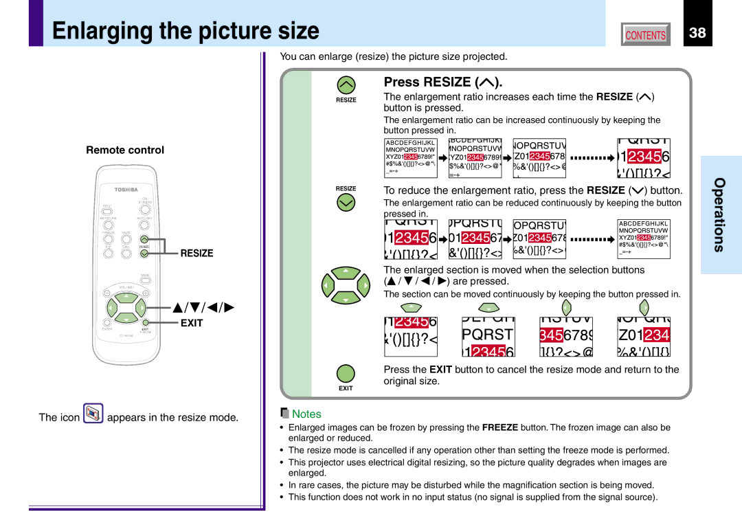 Toshiba TLP261, TLP260 Enlarging the picture size, Press Resize, To reduce the enlargement ratio, press the Resize button 