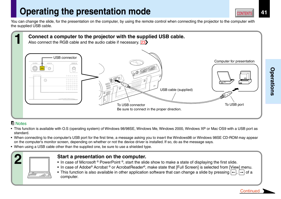 Toshiba TLP560, TLP260, TLP261, TLP561 owner manual Operating the presentation mode, Start a presentation on the computer 