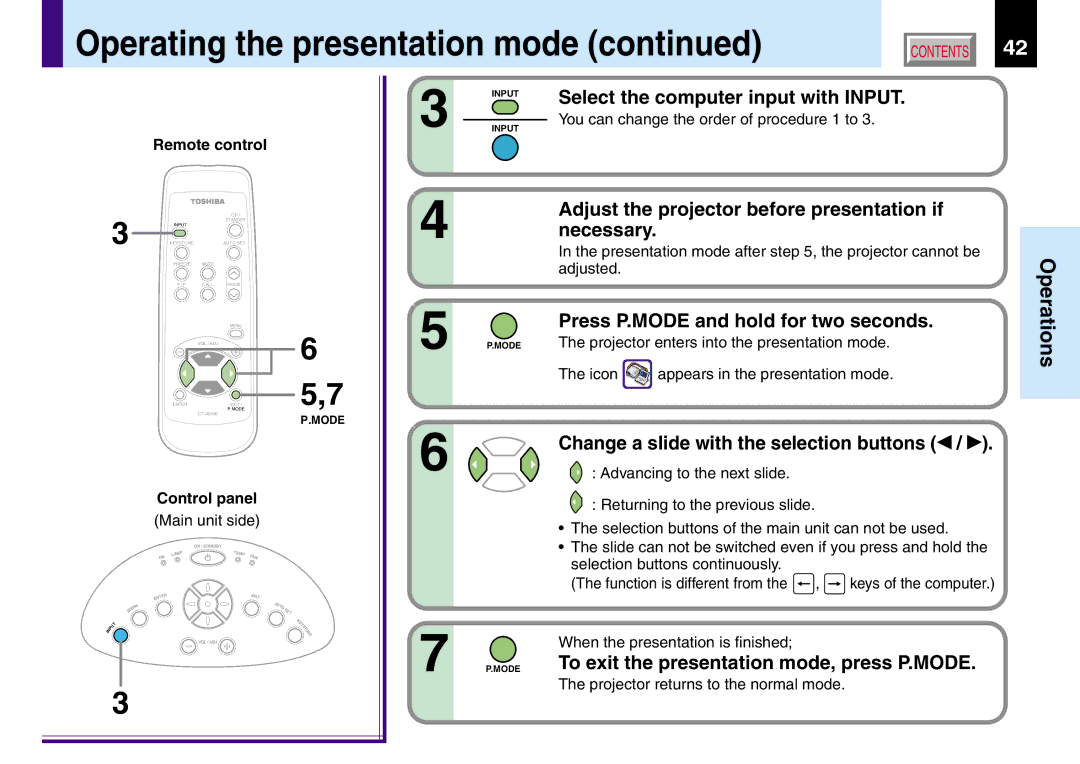 Toshiba TLP261, TLP260, TLP560 Select the computer input with Input, Adjust the projector before presentation if necessary 