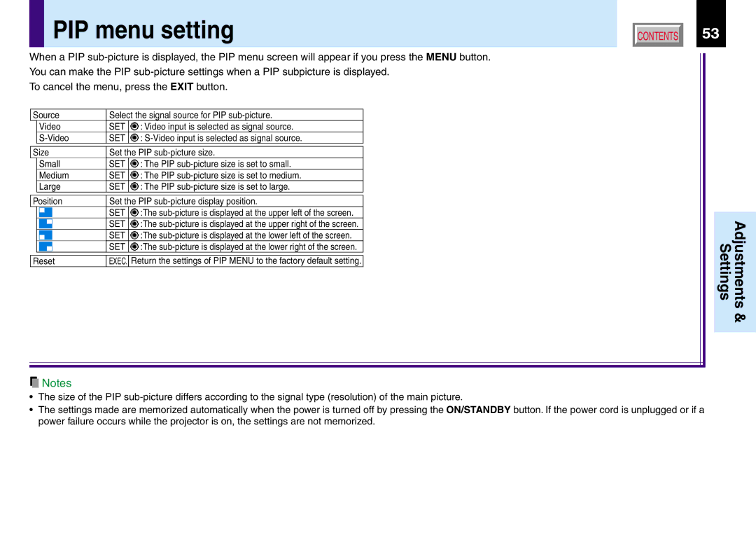 Toshiba TLP560, TLP260, TLP261, TLP561 owner manual PIP menu setting 