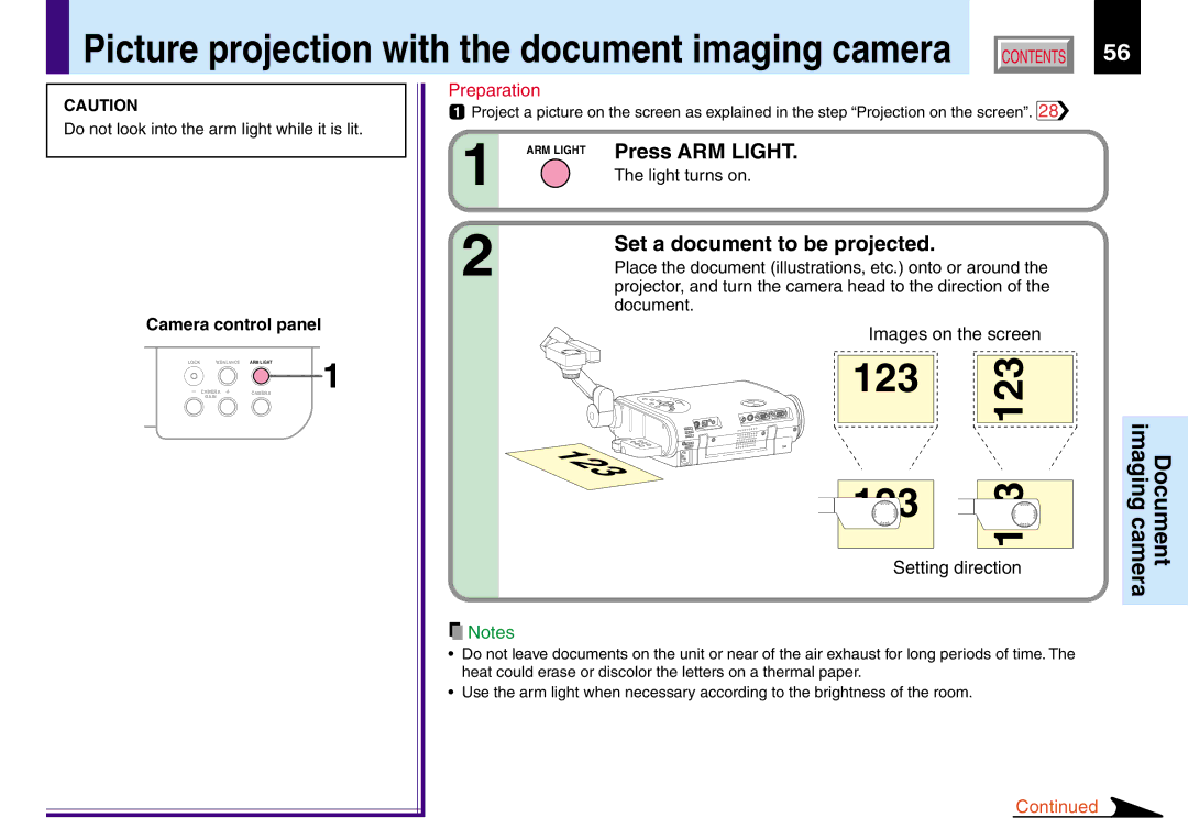 Toshiba TLP260, TLP560 Press ARM Light, Set a document to be projected, Camera control panel, Light turns on, Document 