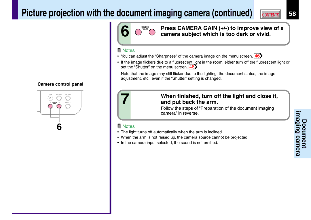 Toshiba TLP261 Press Camera Gain +/- to improve view of a, Camera subject which is too dark or vivid, Put back the arm 