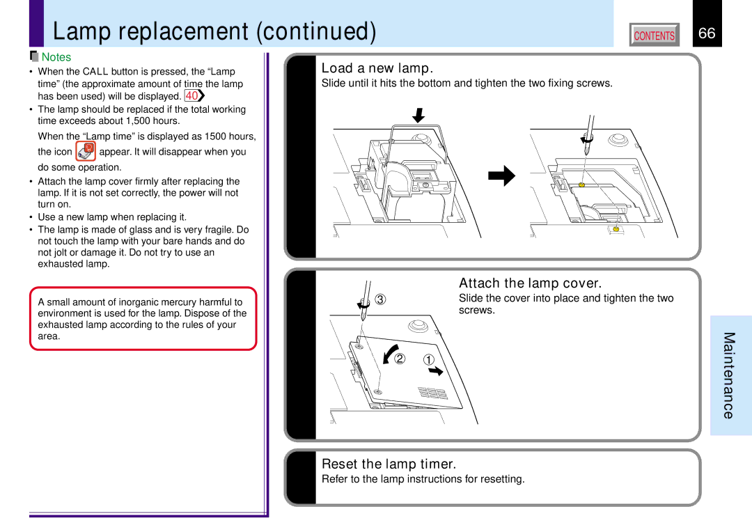 Toshiba TLP261, TLP260, TLP560, TLP561 owner manual Load a new lamp, Attach the lamp cover, Reset the lamp timer 