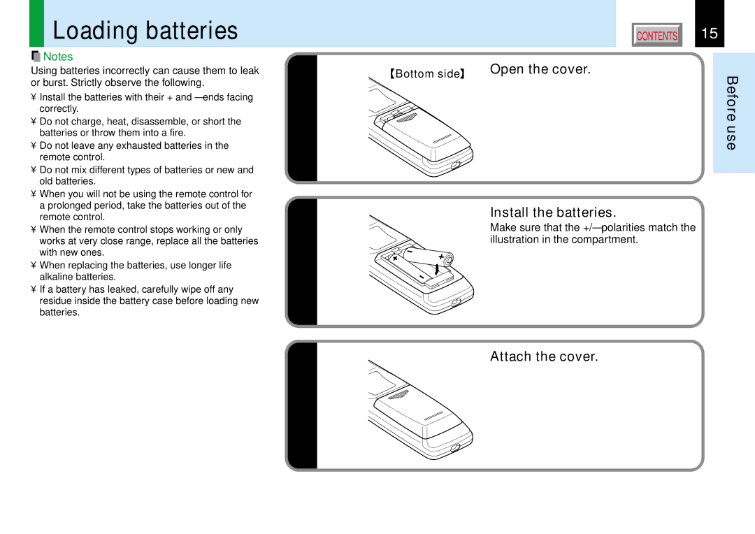 Toshiba TLP381, TLP380 owner manual Loading batteries, Open the cover, Install the batteries, Attach the cover, Bottom side 