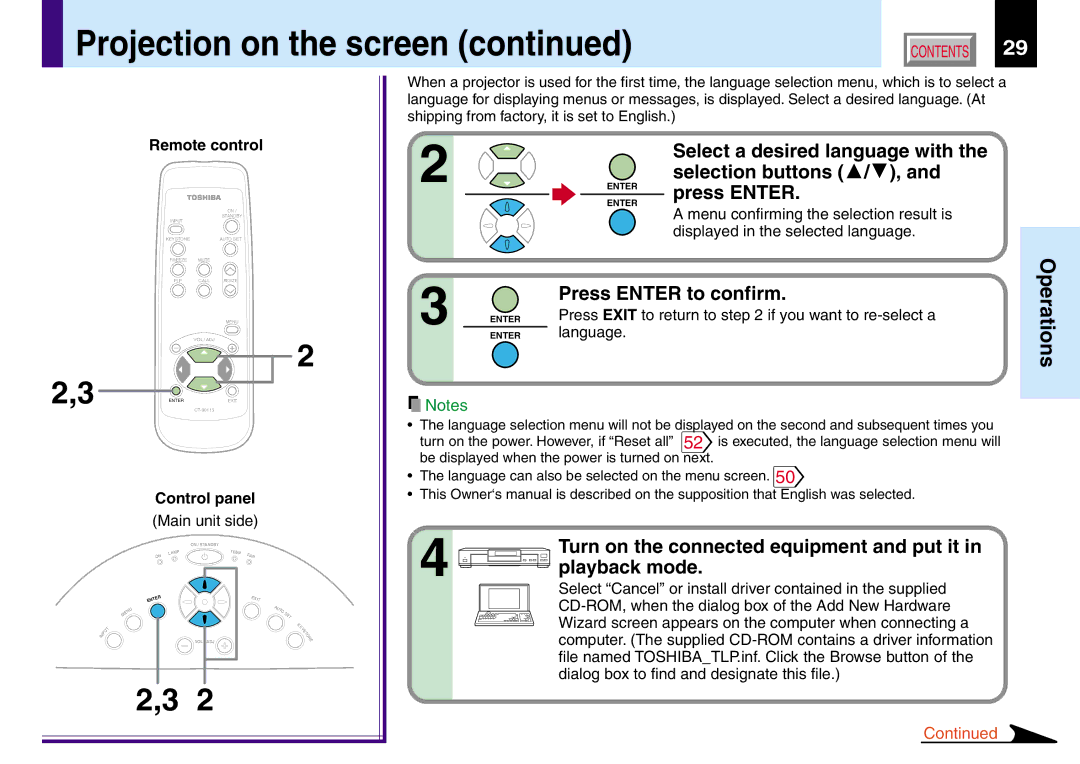 Toshiba TLP381, TLP380 Press Enter to confirm, Turn on the connected equipment and put it in playback mode, Language 