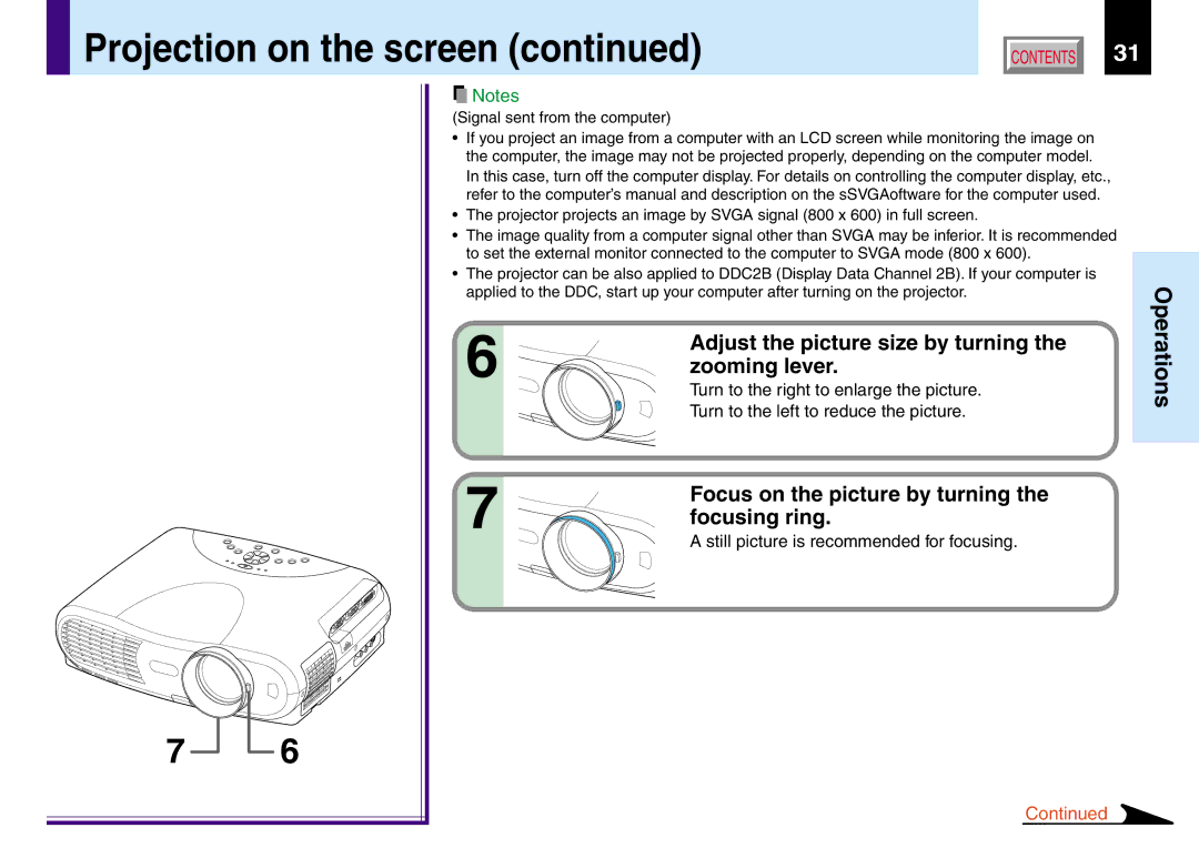 Toshiba TLP381, TLP380 Adjust the picture size by turning, Zooming lever, Focus on the picture by turning, Focusing ring 