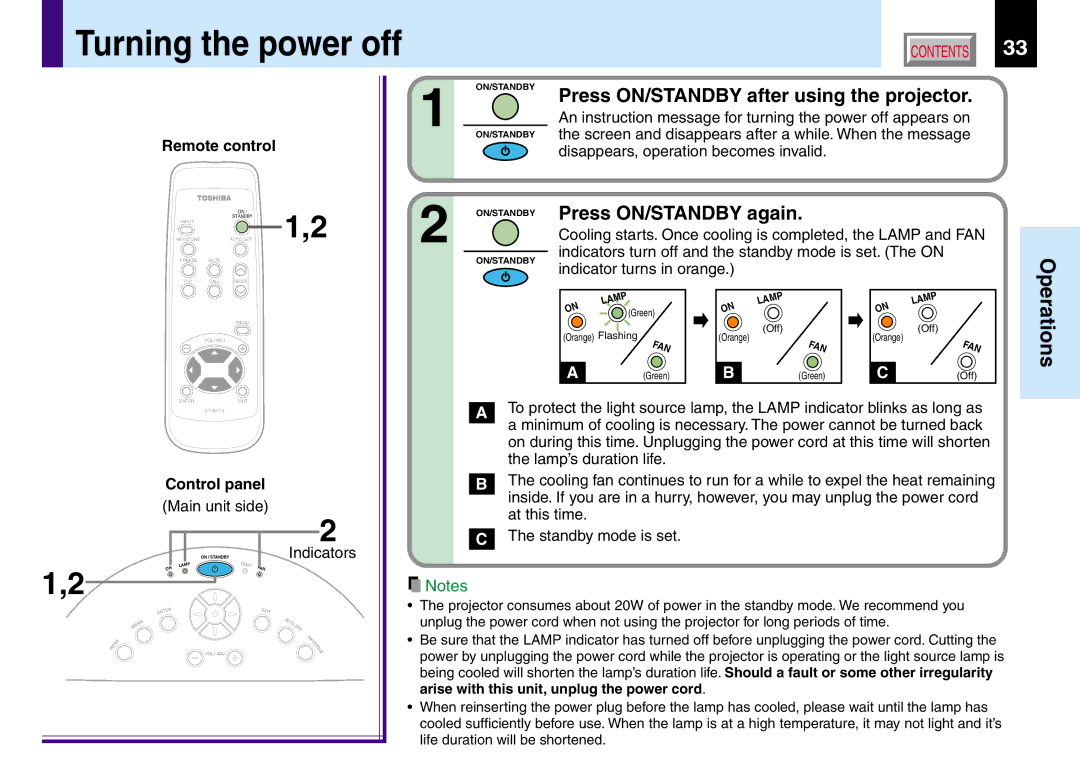 Toshiba TLP381 Turning the power off, Press ON/STANDBY after using the projector, Press ON/STANDBY again, Control panel 