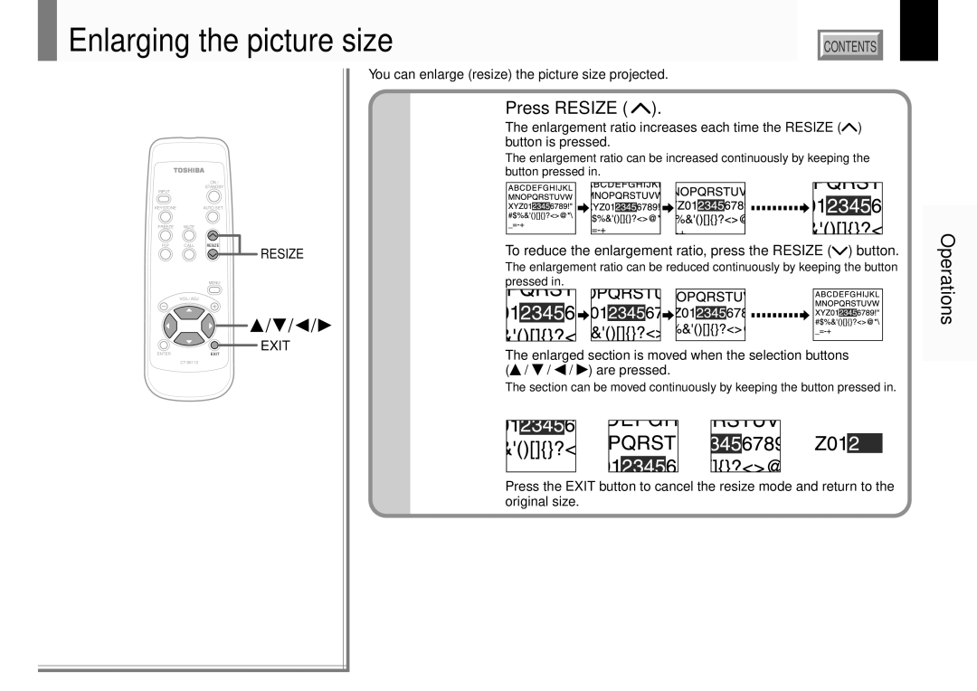 Toshiba TLP381, TLP380 owner manual Enlarging the picture size, Press Resize, Icon appears in the resize mode 