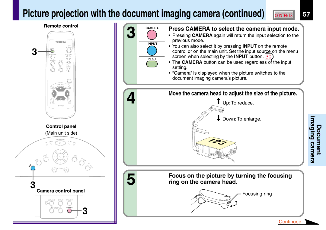 Toshiba TLP381, TLP380 owner manual Press Camera to select the camera input mode, Focusing ring 