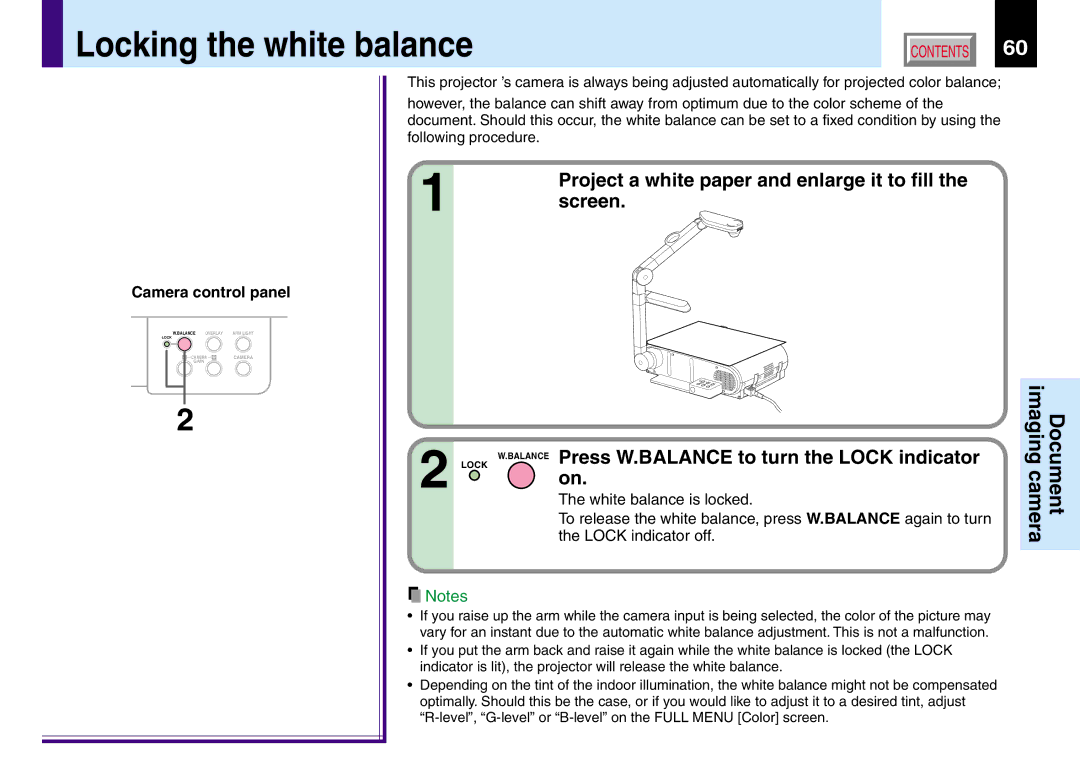 Toshiba TLP380, TLP381 owner manual Locking the white balance, Project a white paper and enlarge it to fill, Screen 