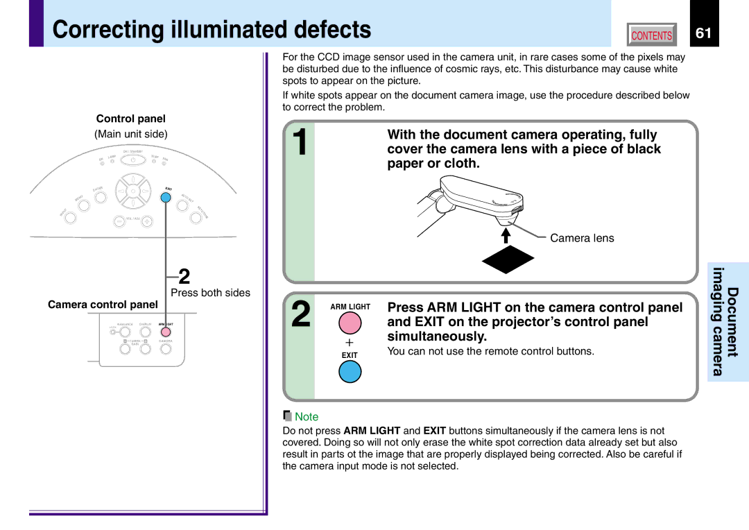 Toshiba TLP381 Correcting illuminated defects, With the document camera operating, fully, Paper or cloth, Camera lens 