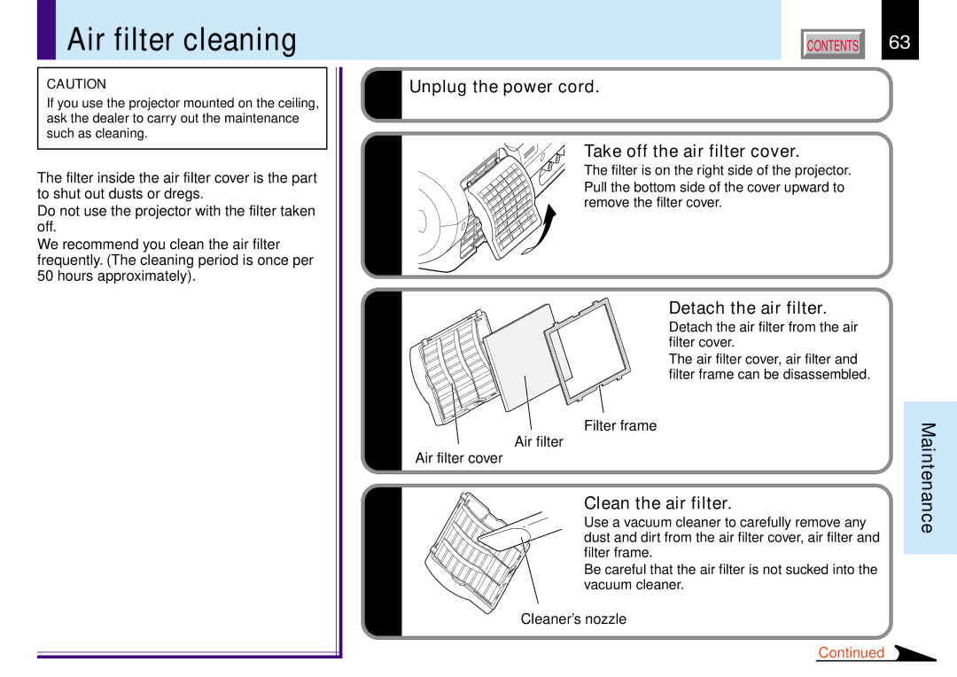 Toshiba TLP381, TLP380 Air filter cleaning, Unplug the power cord Take off the air filter cover, Detach the air filter 