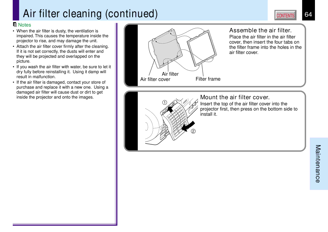 Toshiba TLP380, TLP381 owner manual Assemble the air filter, Mount the air filter cover, Air filter Air filter cover 