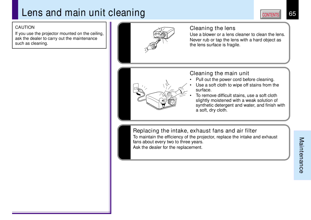 Toshiba TLP381, TLP380 owner manual Lens and main unit cleaning, Cleaning the lens, Cleaning the main unit 