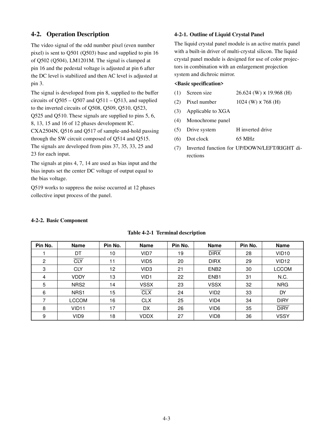 Toshiba TLP510U Operation Description, Basic Component Outline of Liquid Crystal Panel, Basic specification, Pin No Name 