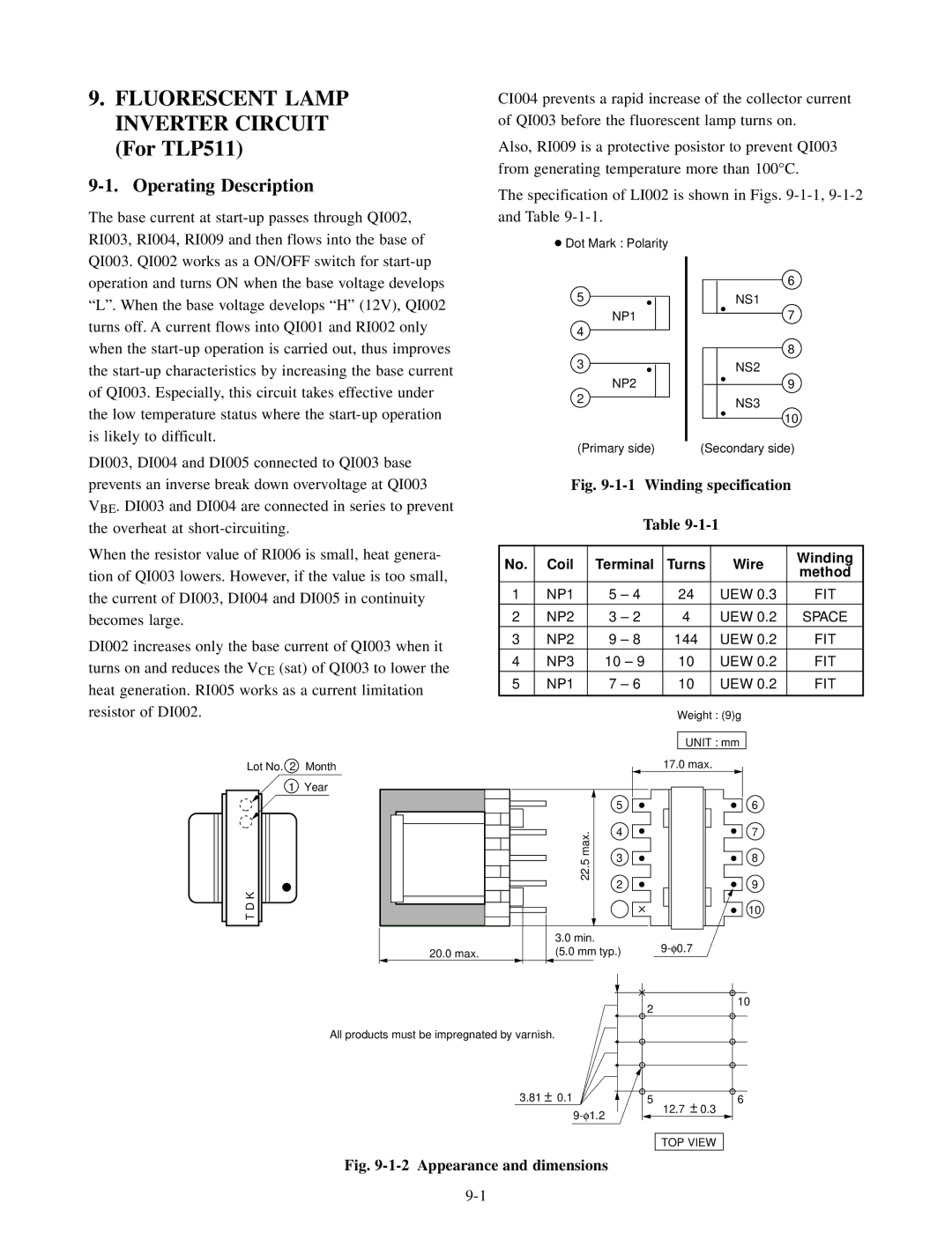 Toshiba TLP510E, TLP511E, TLP510U, TLP511U manual Operating Description, Winding specification, Coil Terminal Turns, Method 