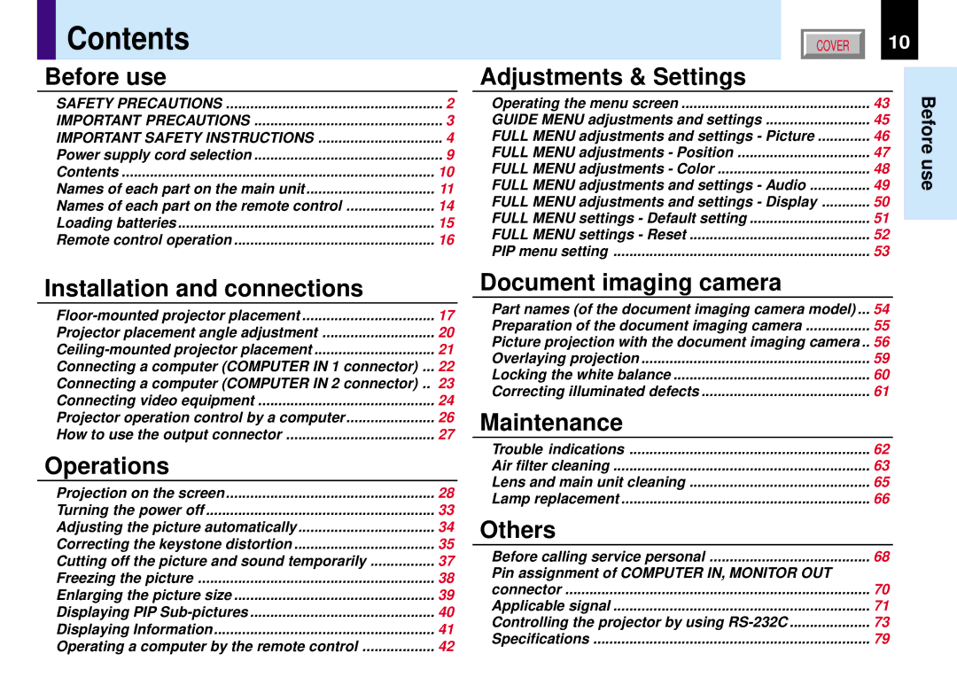 Toshiba TLP780E owner manual Contents 