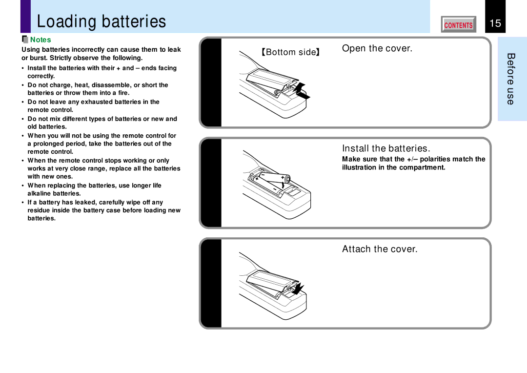 Toshiba TLP780E owner manual Loading batteries, Open the cover, Install the batteries, Attach the cover, Bottom side 