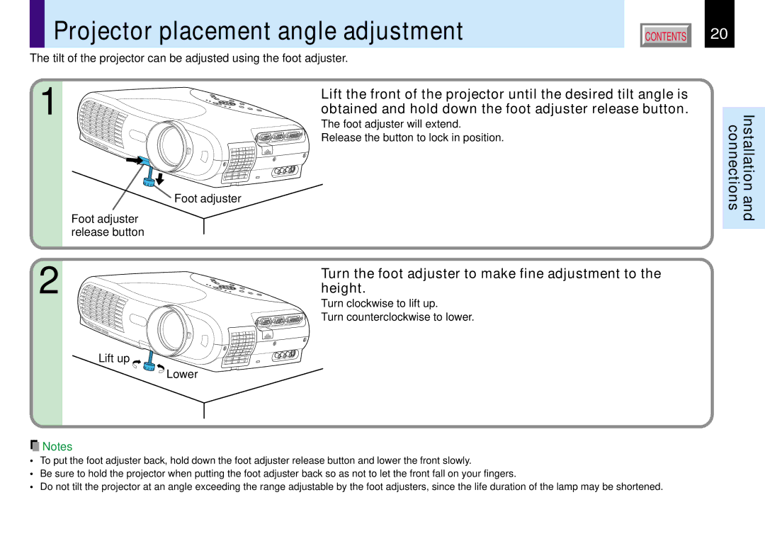 Toshiba TLP780E Projector placement angle adjustment, Foot adjuster Foot adjuster release button, Lift up Lower 