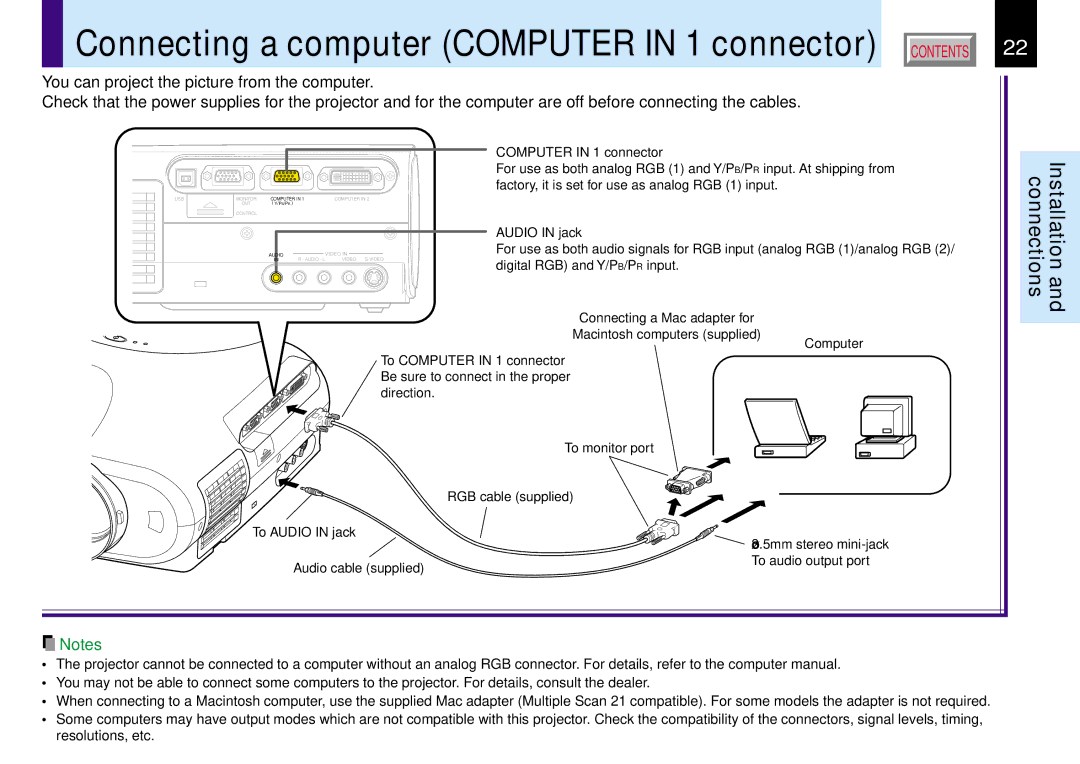 Toshiba TLP780E owner manual Connecting a computer Computer in 1 connector 