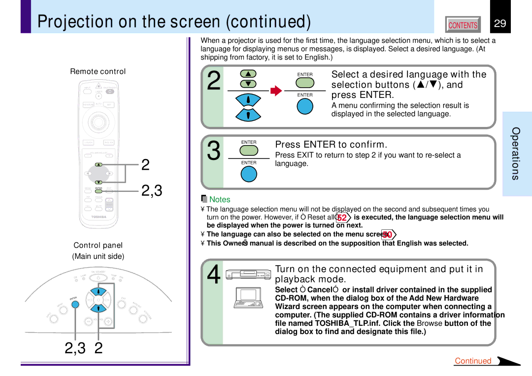 Toshiba TLP780E owner manual Press Enter to confirm, Turn on the connected equipment and put it in playback mode, Language 