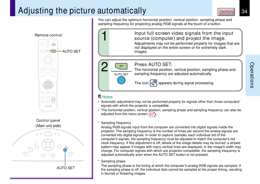 Toshiba TLP780E Adjusting the picture automatically, Input full screen video signals from the input, Press Auto SET 