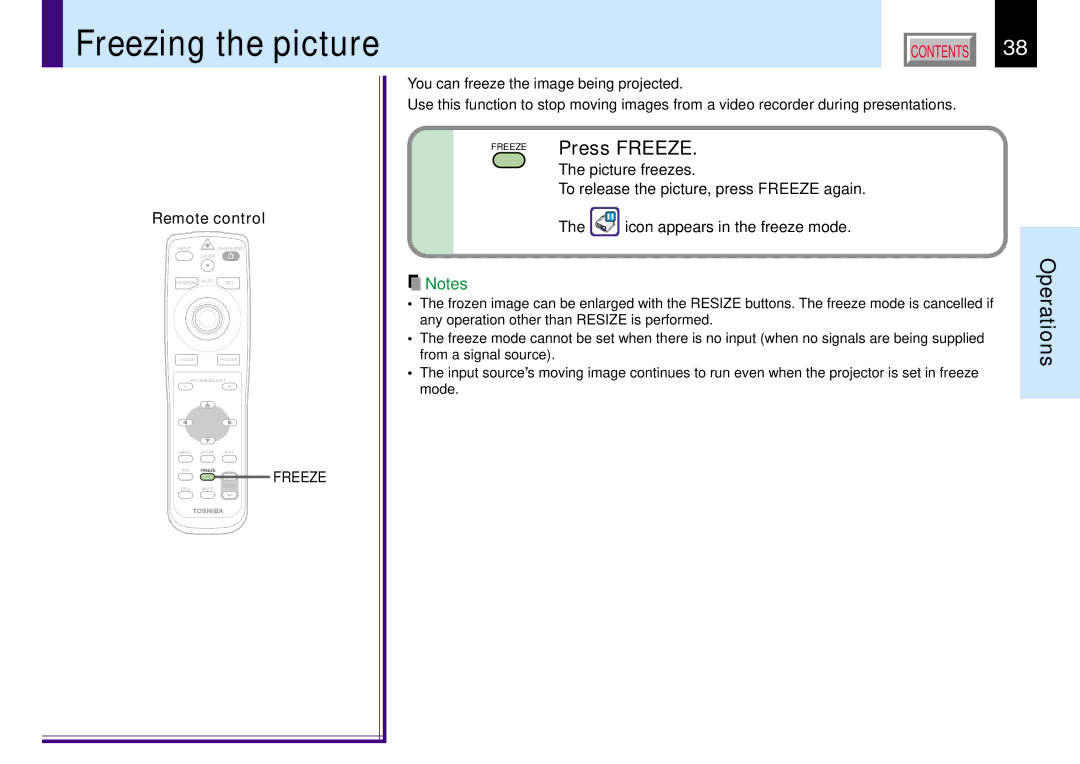 Toshiba TLP780E owner manual Freezing the picture, Press Freeze, Picture freezes, Icon appears in the freeze mode 