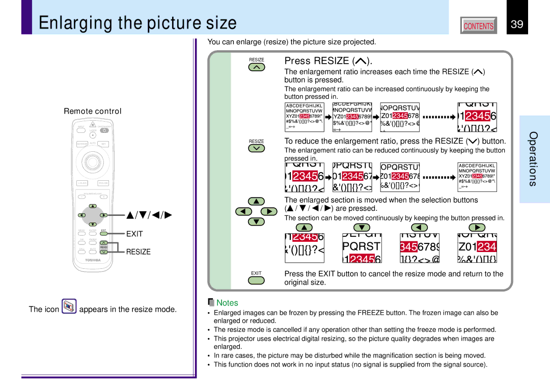 Toshiba TLP780E owner manual Enlarging the picture size, Press Resize, Icon appears in the resize mode 