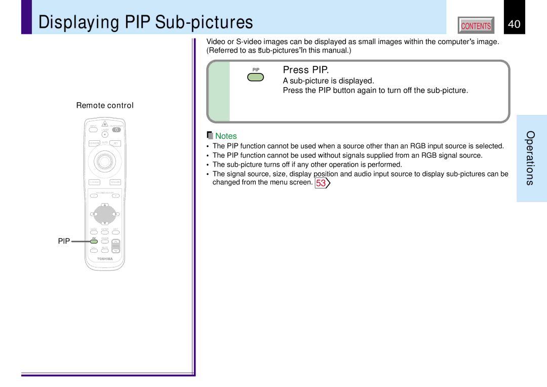 Toshiba TLP780E owner manual Displaying PIP Sub-pictures, Press PIP, Sub-picture is displayed 