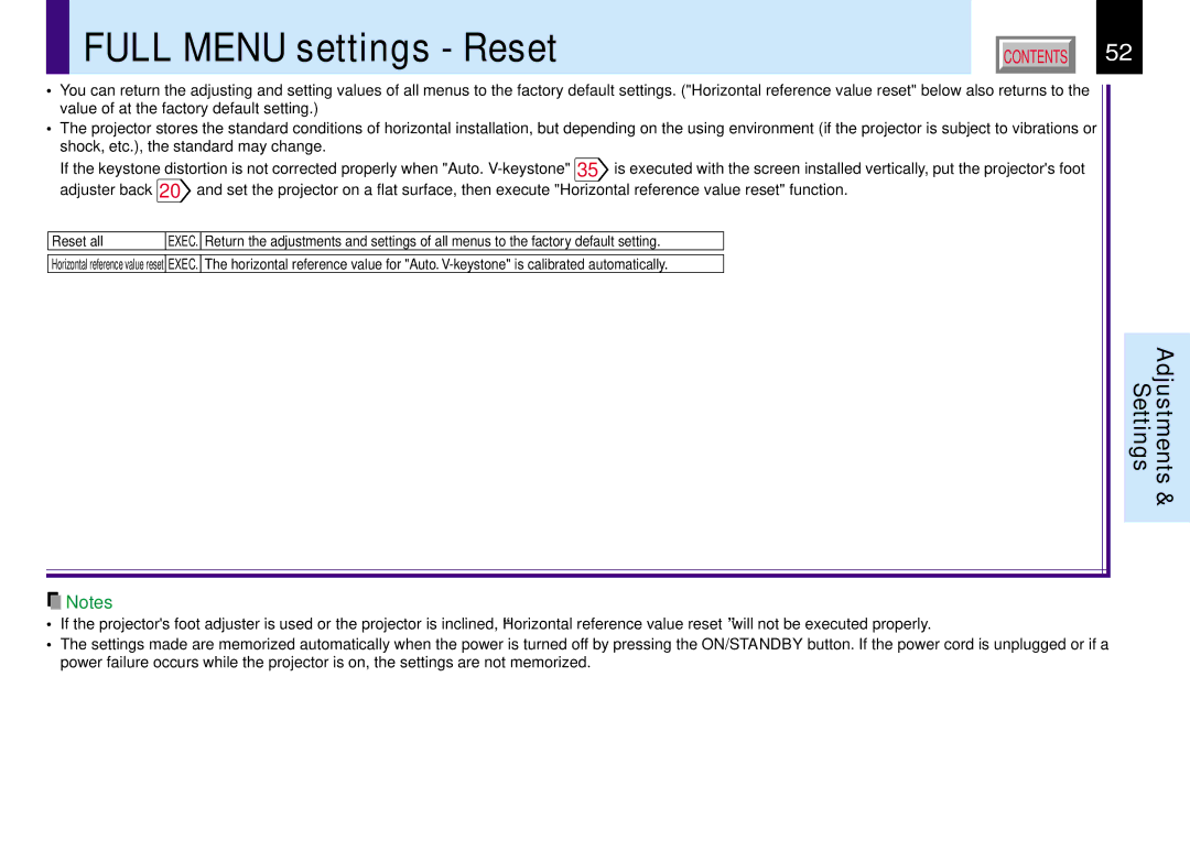 Toshiba TLP780E owner manual Full Menu settings Reset, Reset all 