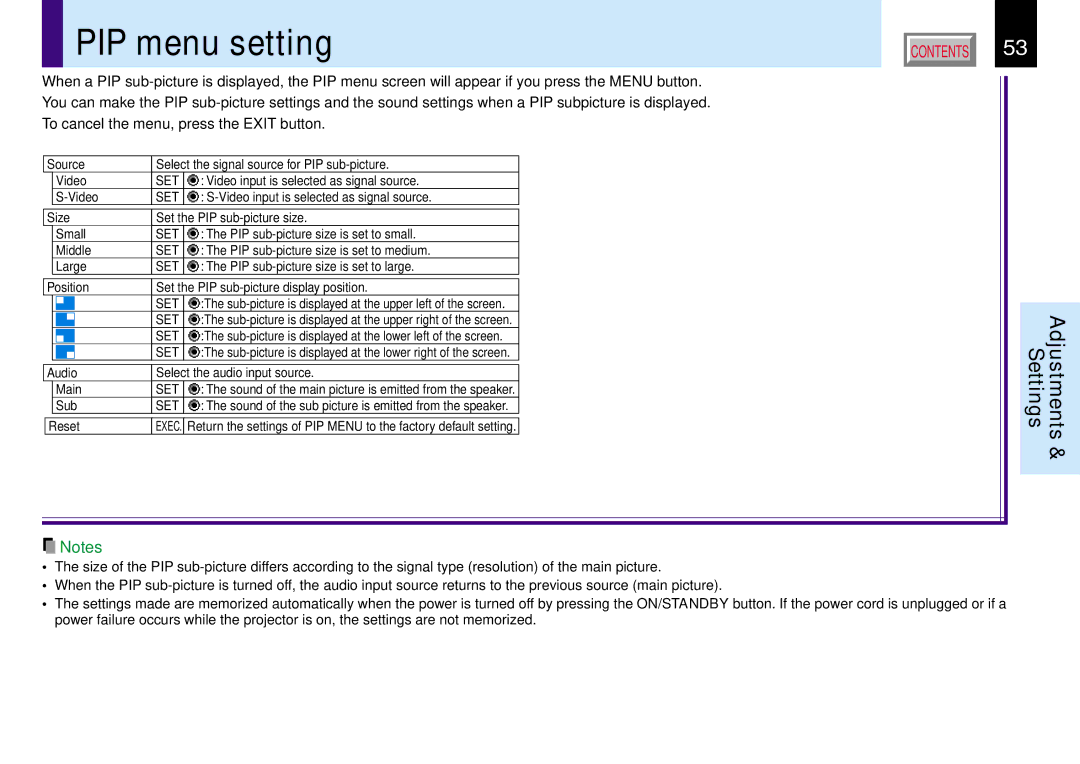 Toshiba TLP780E owner manual PIP menu setting 