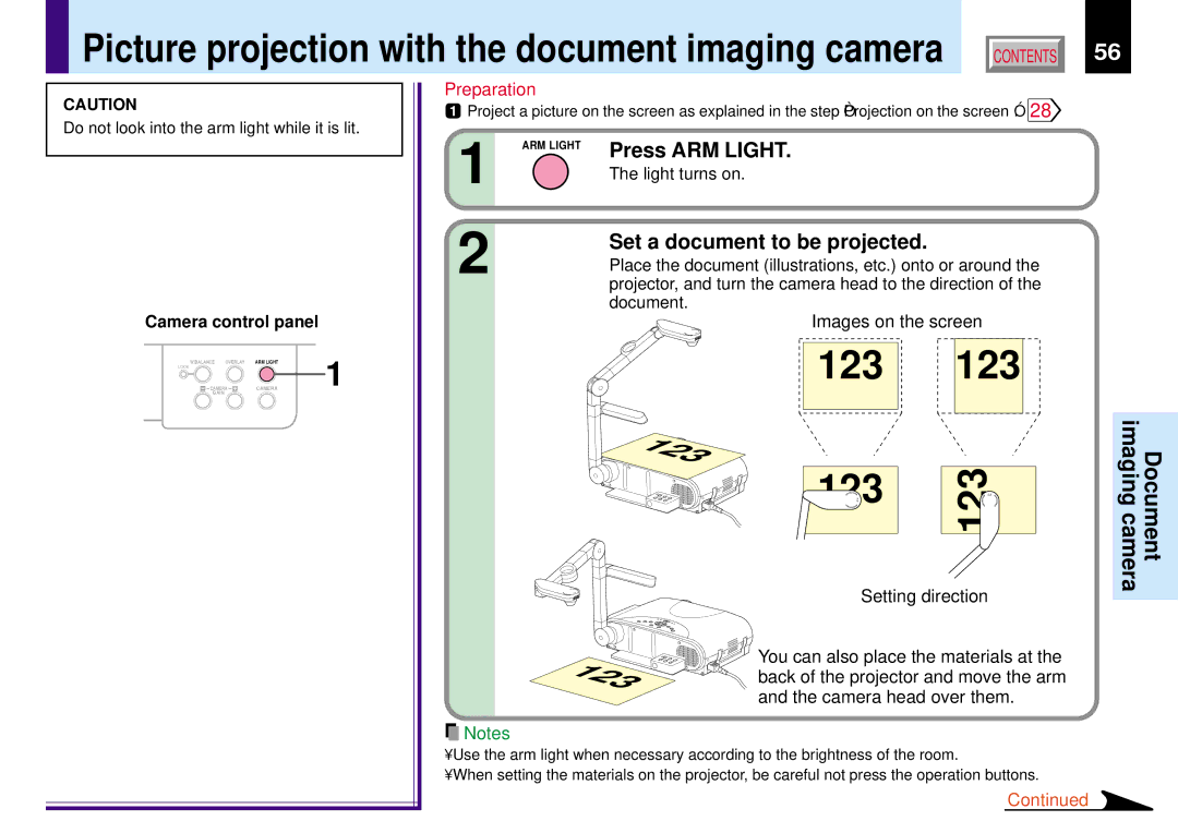 Toshiba TLP780E owner manual Press ARM Light, Set a document to be projected, Camera head over them 