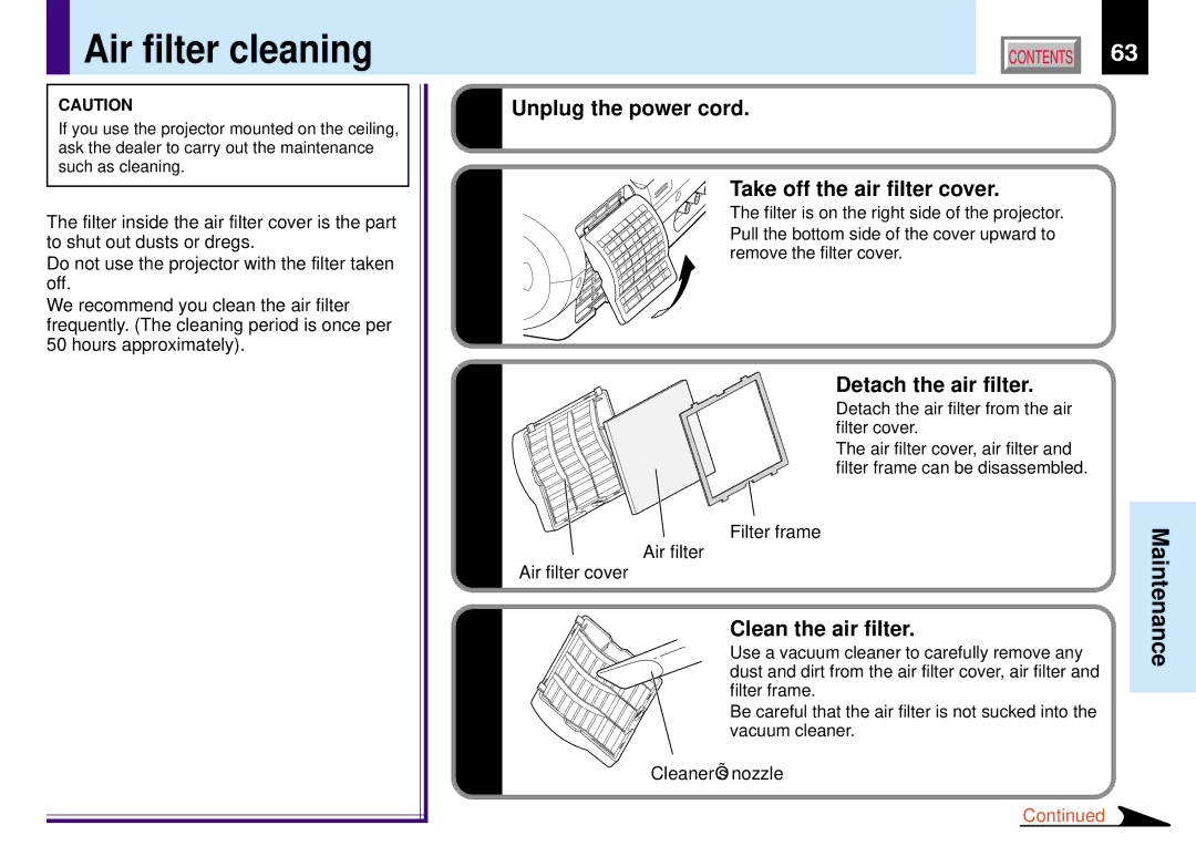 Toshiba TLP780E Air filter cleaning, Unplug the power cord Take off the air filter cover, Detach the air filter 