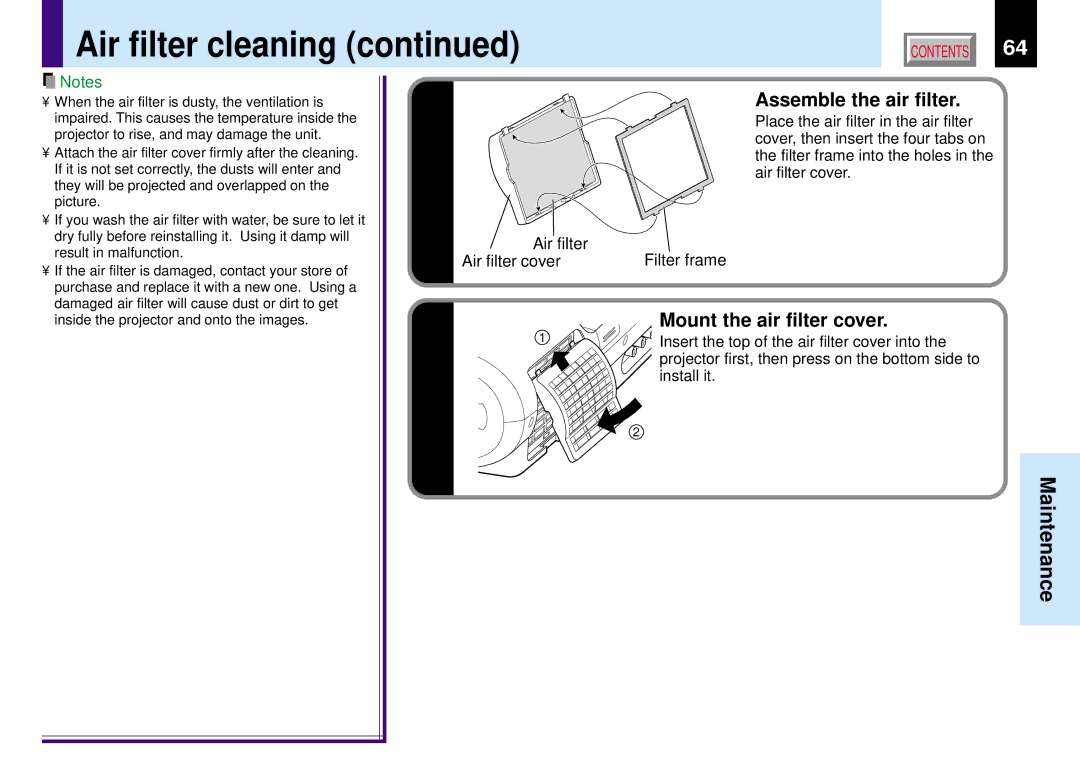 Toshiba TLP780E owner manual Assemble the air filter, Mount the air filter cover, Air filter Air filter cover 