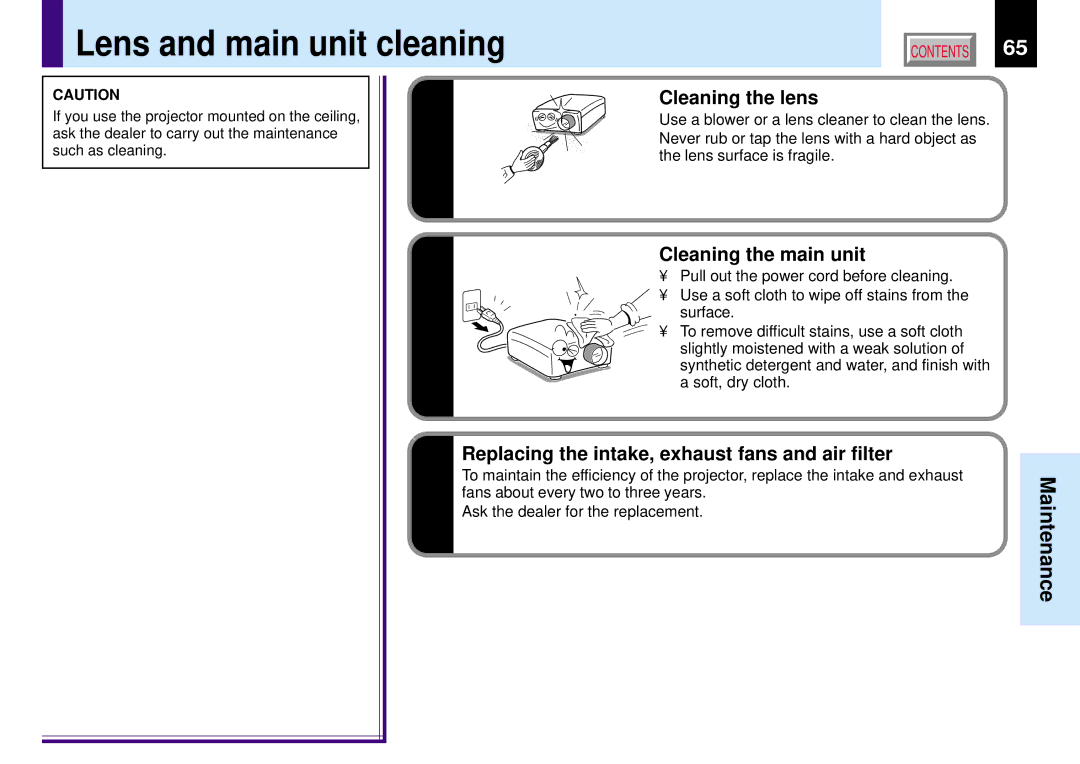 Toshiba TLP780E owner manual Lens and main unit cleaning, Cleaning the lens, Cleaning the main unit 