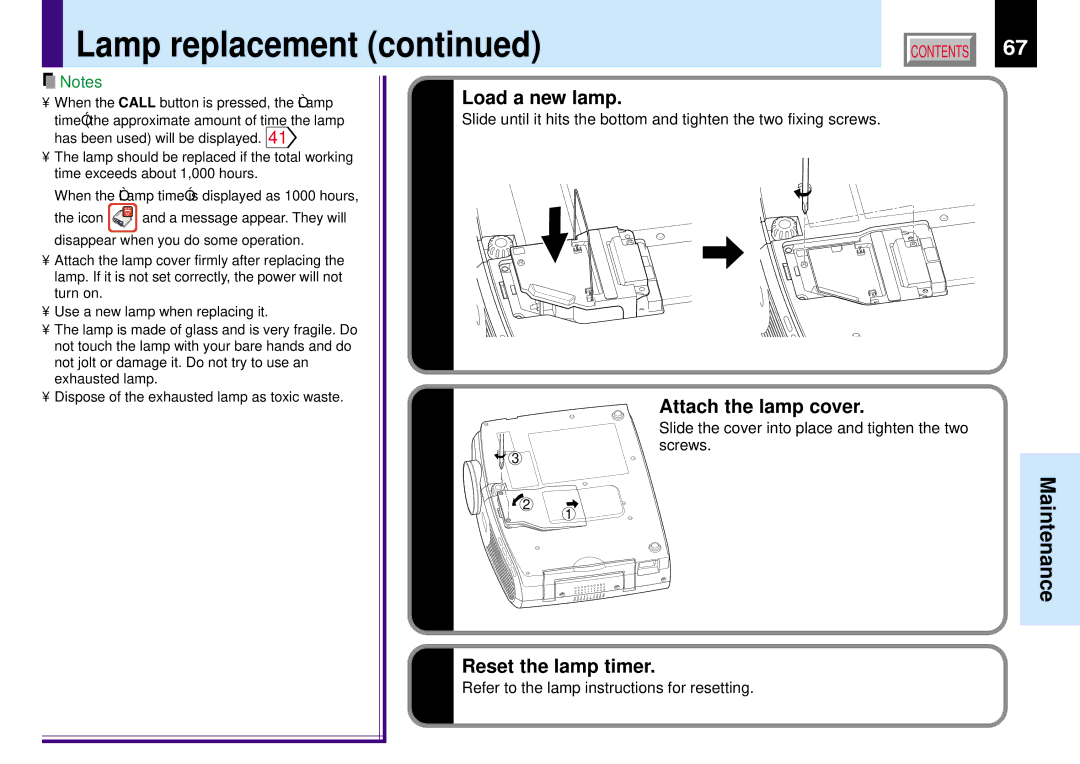 Toshiba TLP780E owner manual Load a new lamp, Attach the lamp cover, Reset the lamp timer 