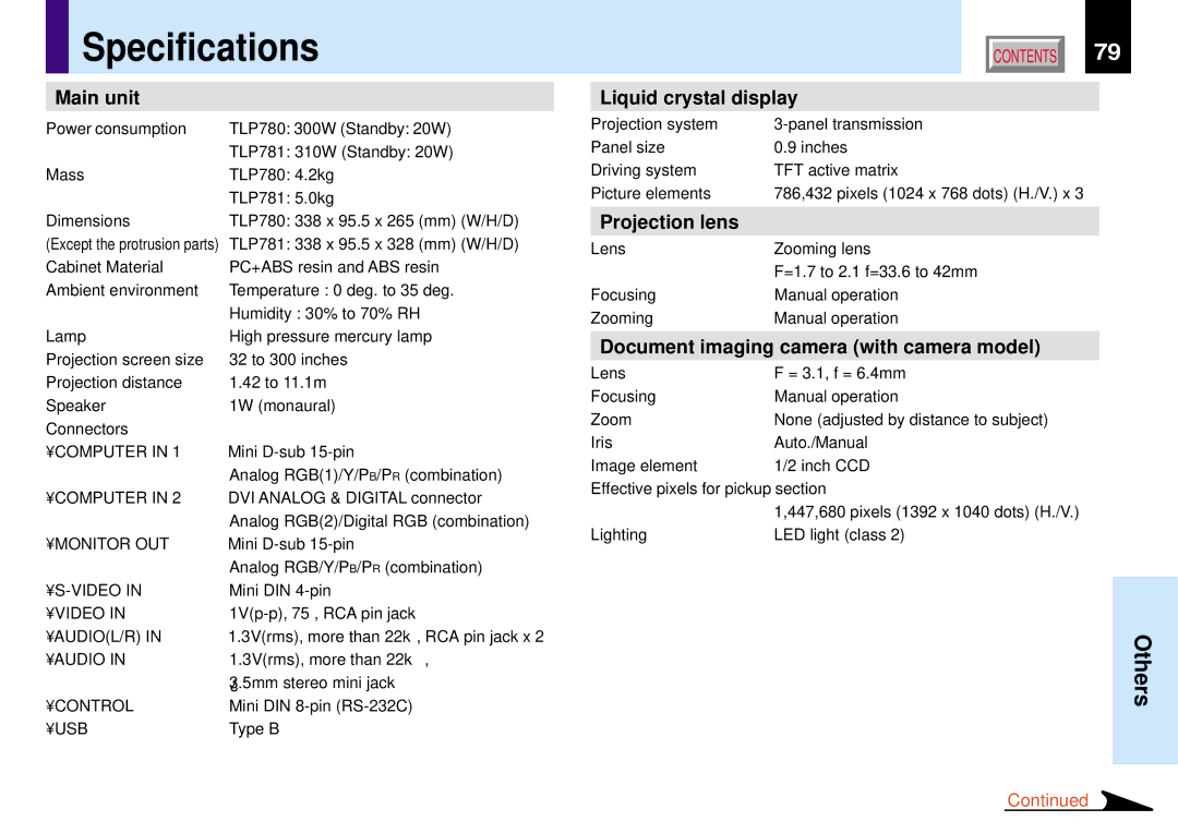 Toshiba TLP780E owner manual Specifications, Main unit, Liquid crystal display, Projection lens 