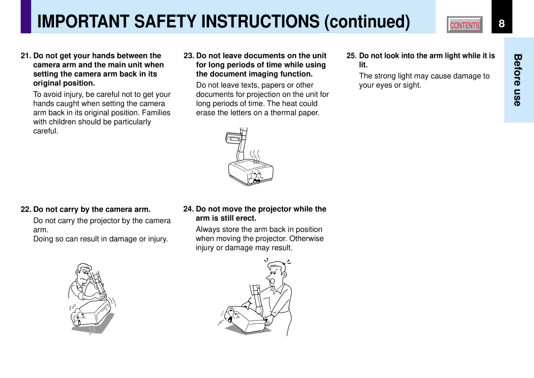 Toshiba TLP780E owner manual Do not carry by the camera arm, Do not move the projector while the arm is still erect 