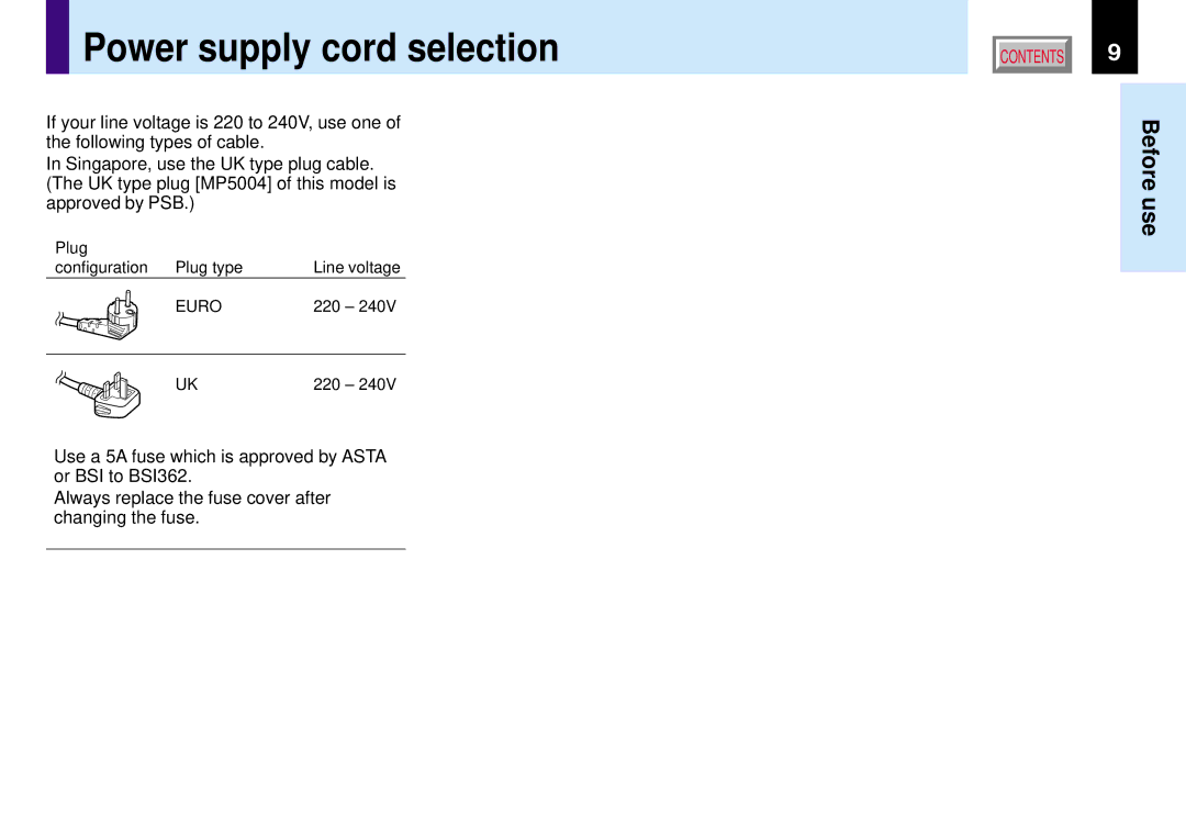 Toshiba TLP780E owner manual Power supply cord selection 