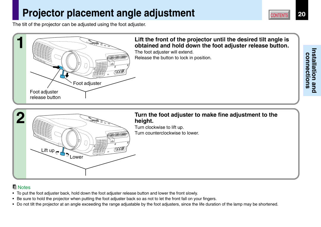 Toshiba TLP780U TLP781U Projector placement angle adjustment, Foot adjuster Foot adjuster release button, Lift up Lower 