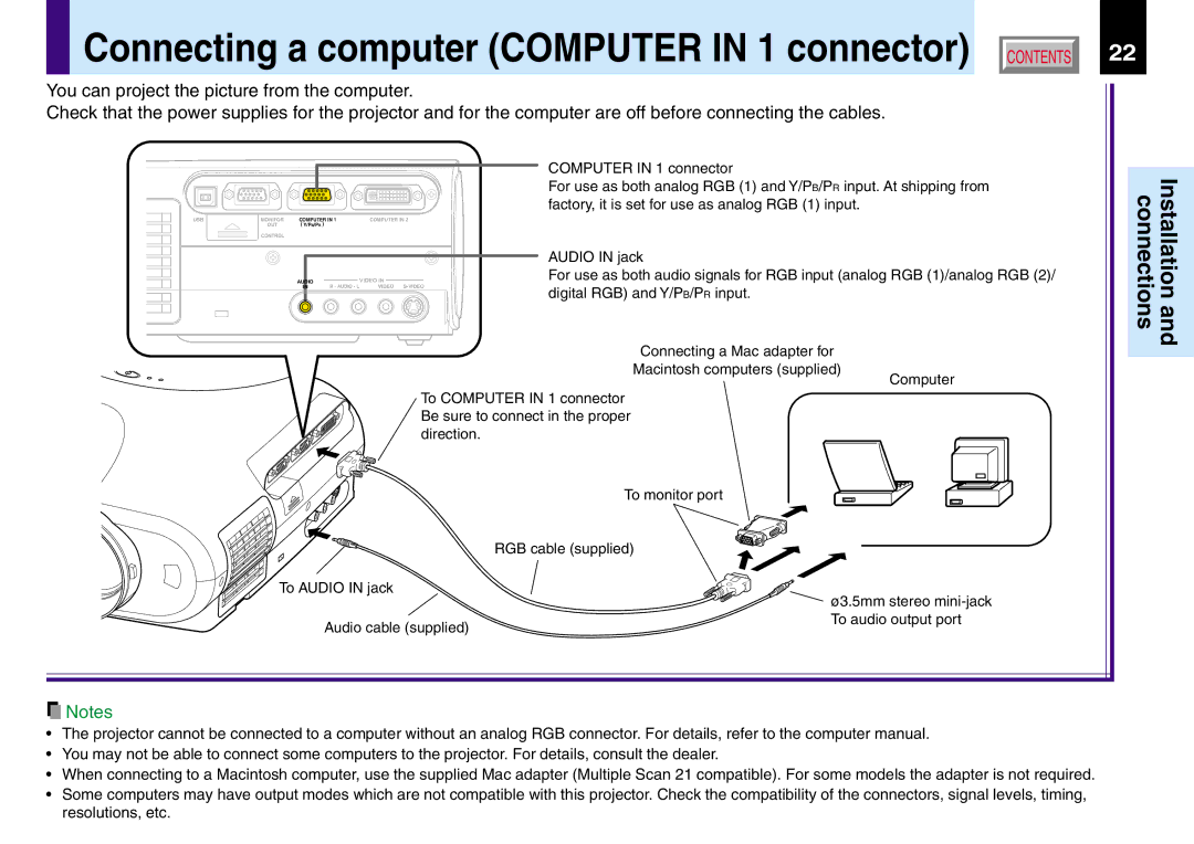 Toshiba TLP780U TLP781U owner manual Connecting a computer Computer in 1 connector 