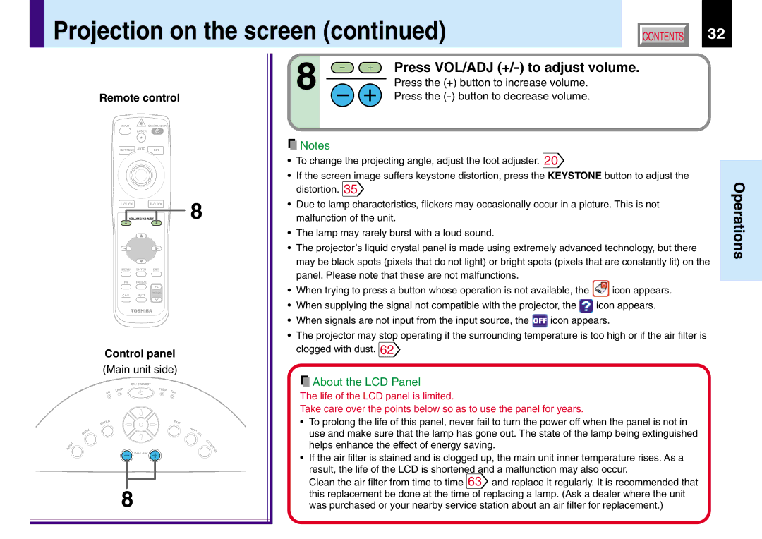 Toshiba TLP780U TLP781U owner manual Press VOL/ADJ +/- to adjust volume, About the LCD Panel 