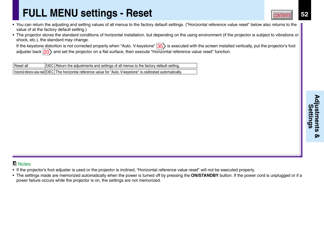 Toshiba TLP780U TLP781U owner manual Full Menu settings Reset, Reset all 