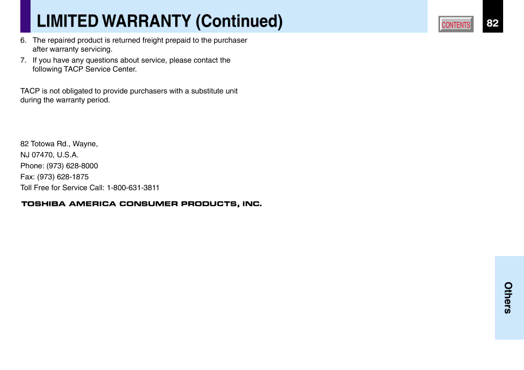 Toshiba TLP780U TLP781U owner manual Limited Warranty 