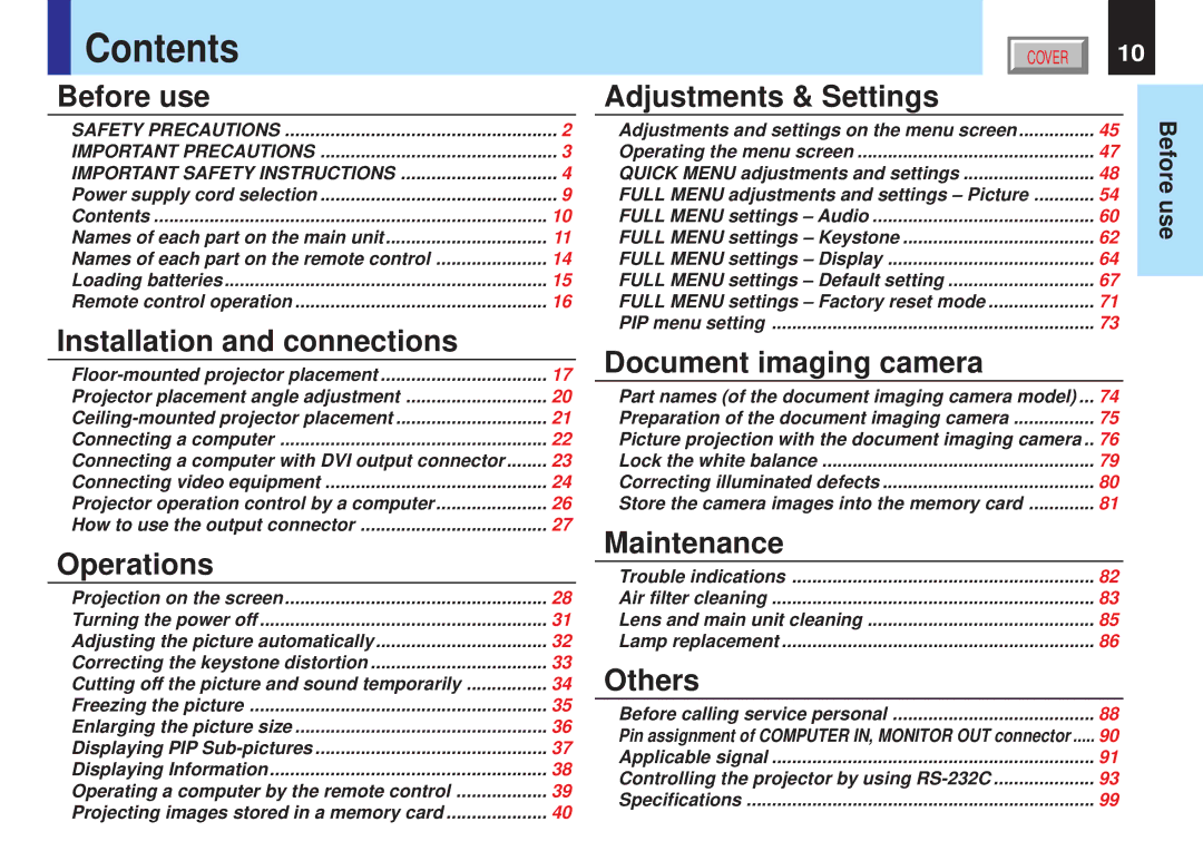 Toshiba TLPX10E owner manual Contents 