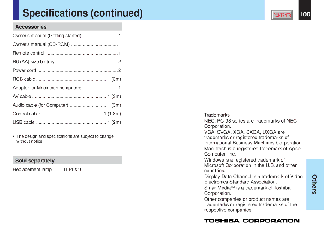 Toshiba TLPX10E owner manual Specifications, Replacement lamp 