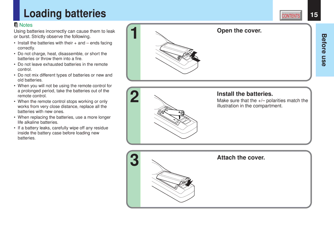 Toshiba TLPX10E owner manual Loading batteries, Open the cover, Install the batteries, Attach the cover 