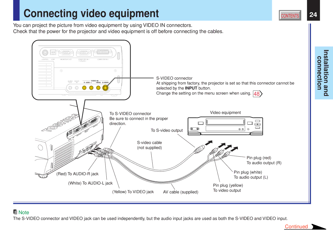 Toshiba TLPX10E owner manual Connecting video equipment 